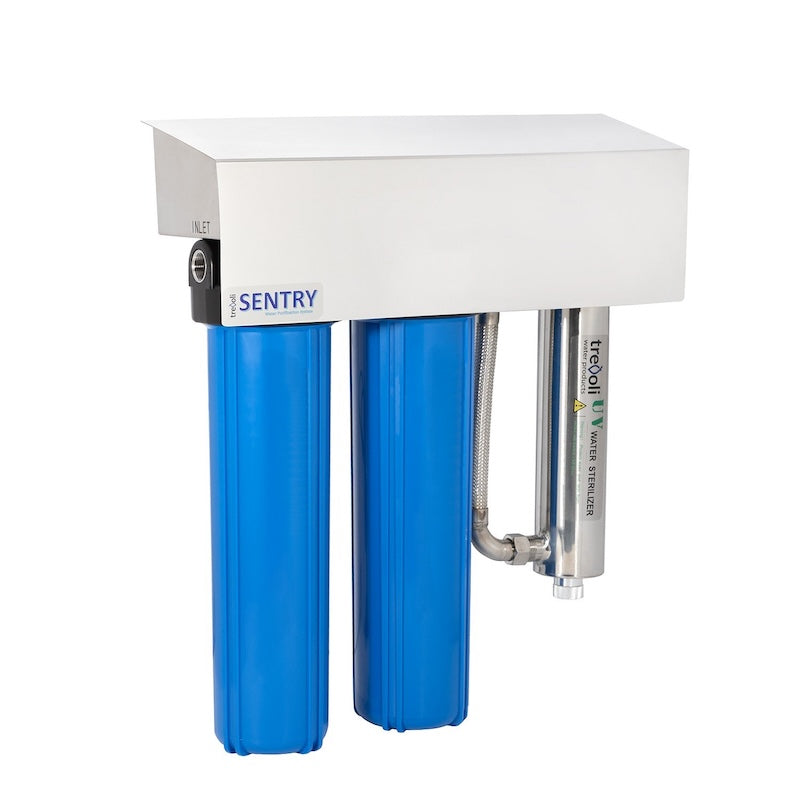 Trevoli Sentry 202 whole house UV water filtration system with dual 20 inch jumbo filters and stainless steel UV steriliser for rainwater and bore water treatment
