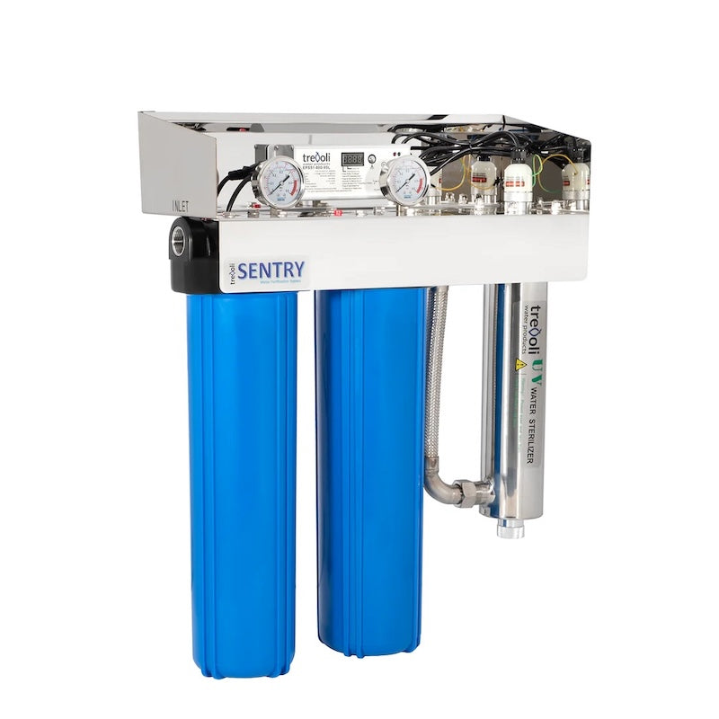 Trevoli Sentry 202 whole house UV water filtration system showing dual 20 inch jumbo filters, pressure gauges, UV ballast and stainless steel UV steriliser for rainwater and bore water treatment