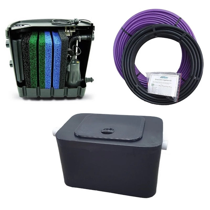 WaterMate Greywater Recycling Package including greywater filtration unit, irrigation kit and 75L grease trap for off-grid homes, tiny homes and lifestyle blocks in New Zealand